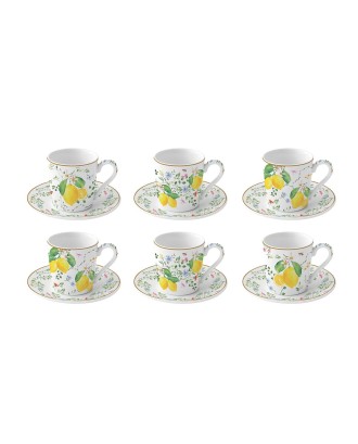 Set 6 cesti si farfurii pentru cafea, 100 ml, Fleurs Citrons - SIMONA'S COOKSHOP